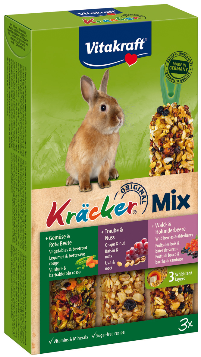 Vitakraft Trio Mix groente/biet-druif/noot-bosbes/vlierbes-kräcker dwergkonijn, 3in1.