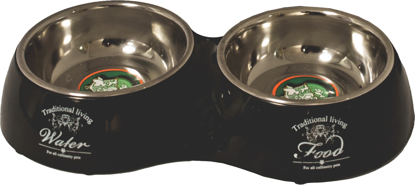 Hondenbak dubbel plastic/RVS ‘Water/Food’ zwart, 27 cm.